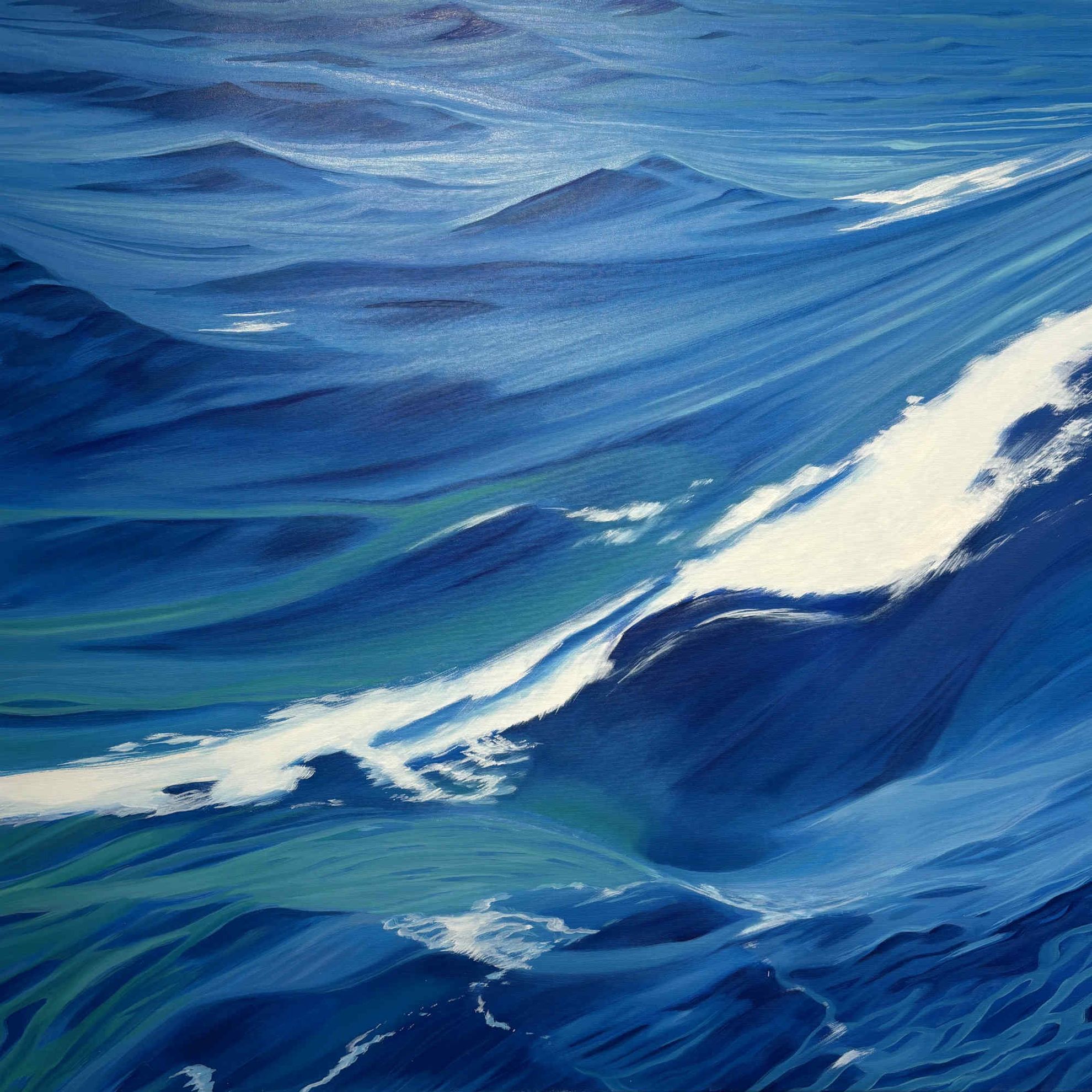 Blue Wave, großformatiges Ölbild einer kraftvollen blauen Meereswelle von Traute Molik-Riemer